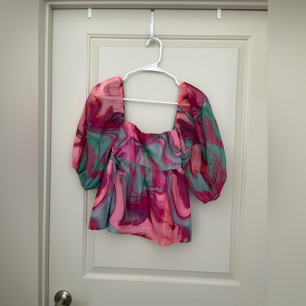 Amanda Uprichard Pink & Seafoam Marble Square-Neck Peplum Top - Picture 2 of 6